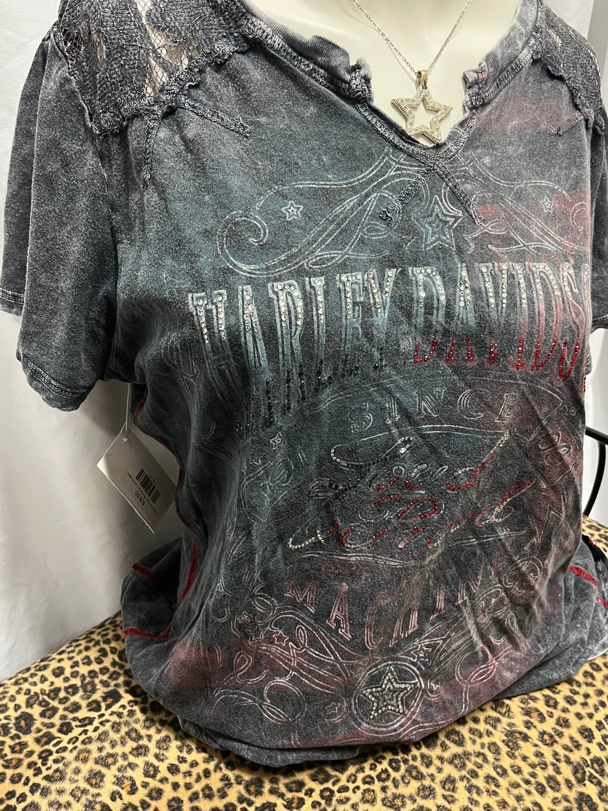 L - Harley Davidson Rhinestone + Lace Graphic Top