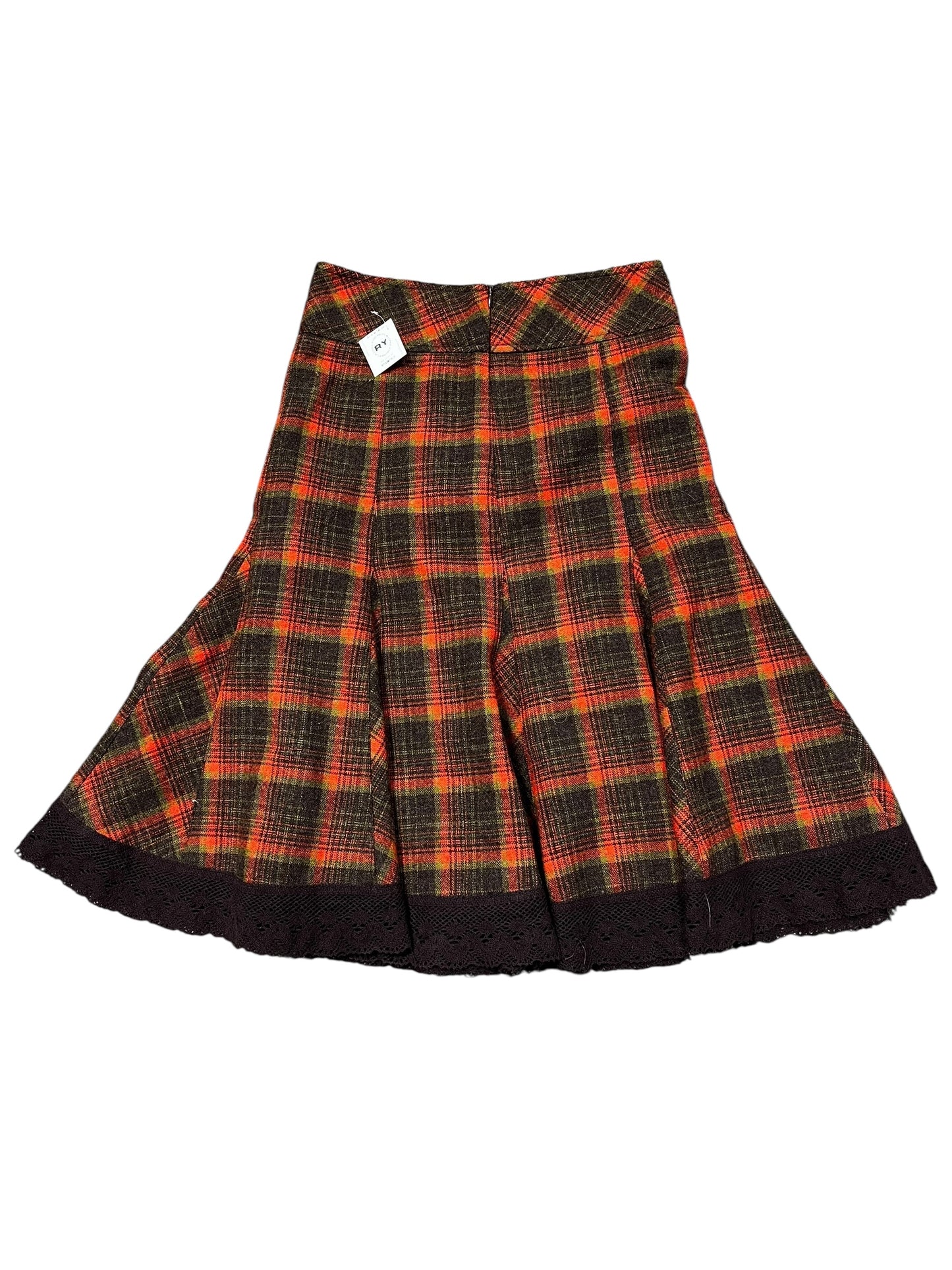 XS - Plaid + Lace Trim Wool Midi Skirt