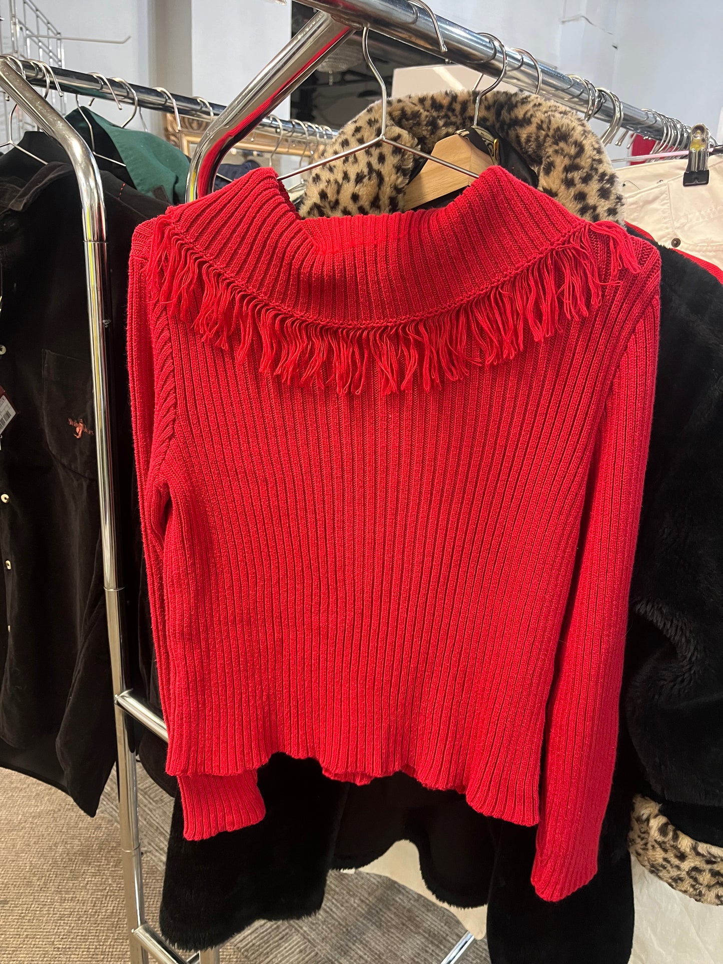 Twirl 90s Frayed Collar Red Knit Sweater