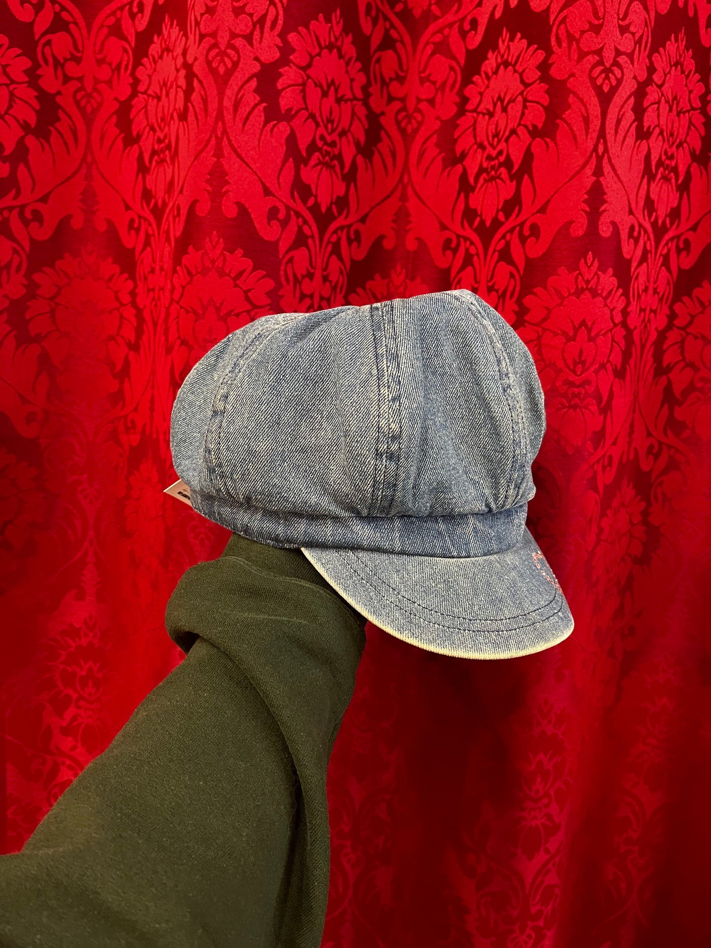 Hat - Y2K Denim Paperboy with Rhinestone Heart
