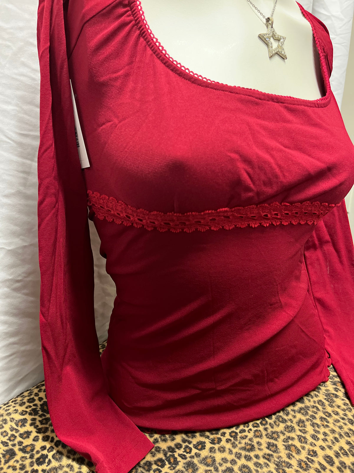 XS - Red Mesh Overlay + Lace Long Sleeve Top