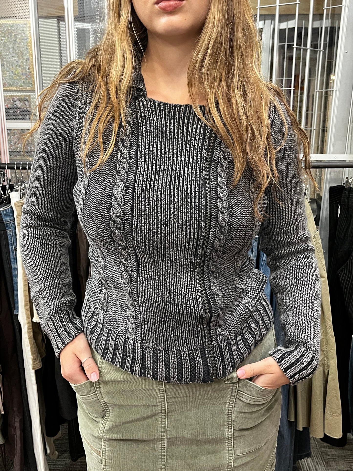 M - Knit Split Collar Faded Black Sweater