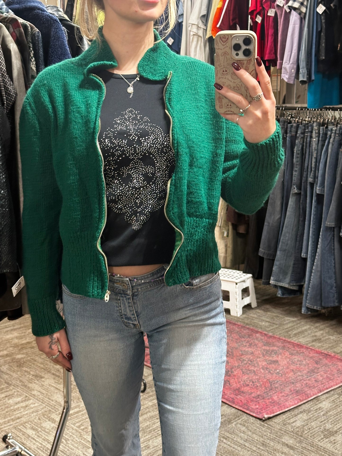 M - Green Wool Knit Zip Sweater