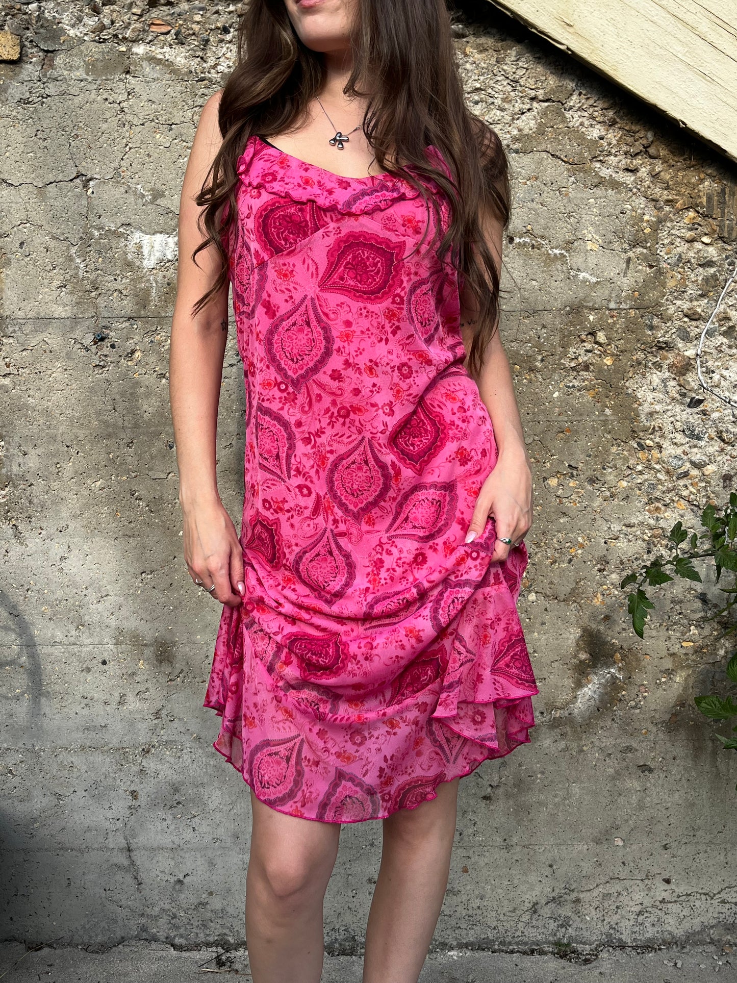 L - Pink Paisley 2000s Mesh Overlay Midi Dress