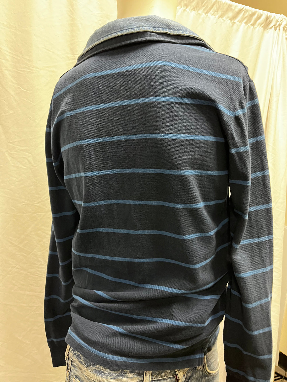 M - Y2K Blue Striped Patches Polo Long Sleeve Tee