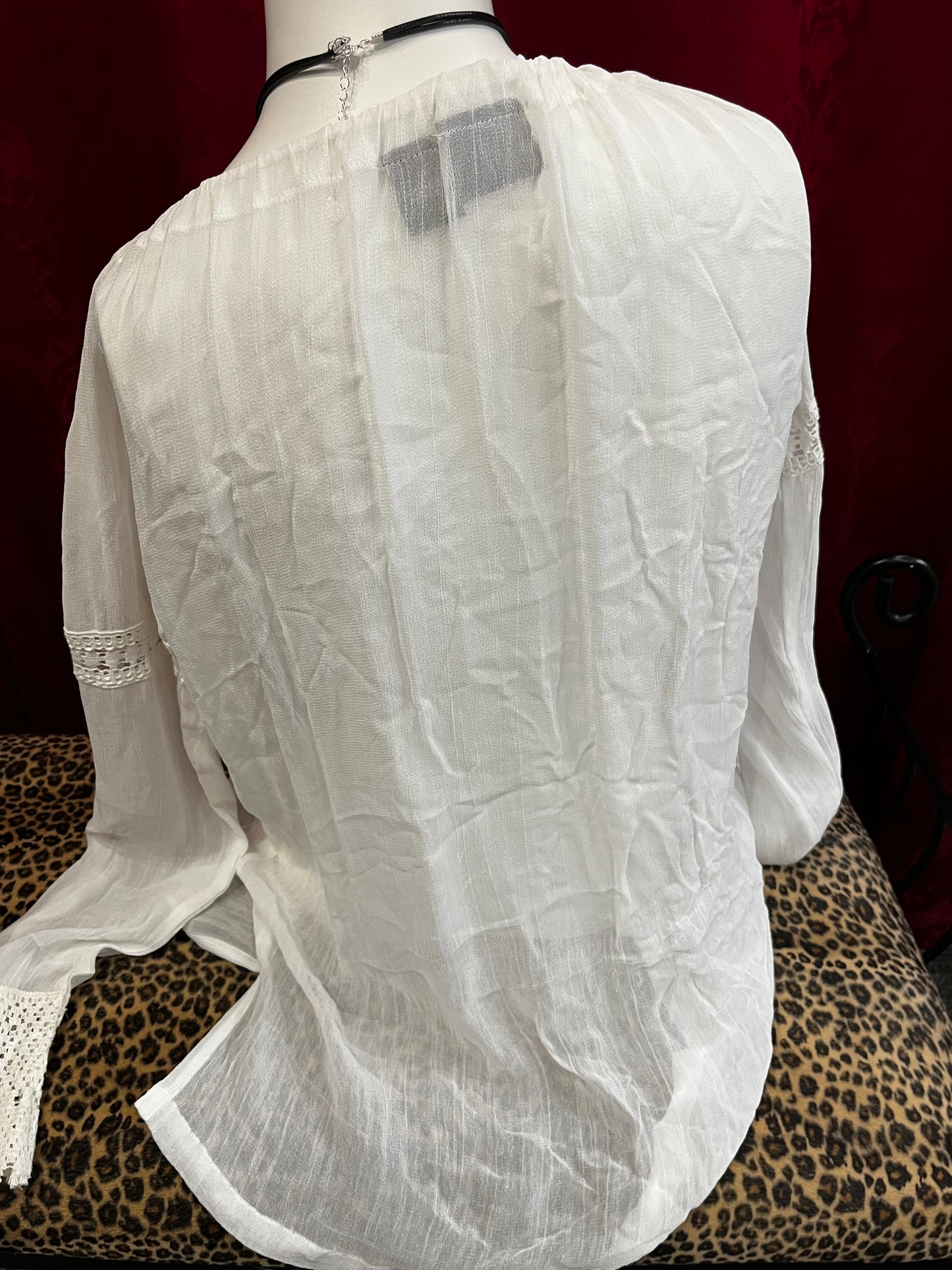 L - D'Annah White Sheer Peasant Blouse
