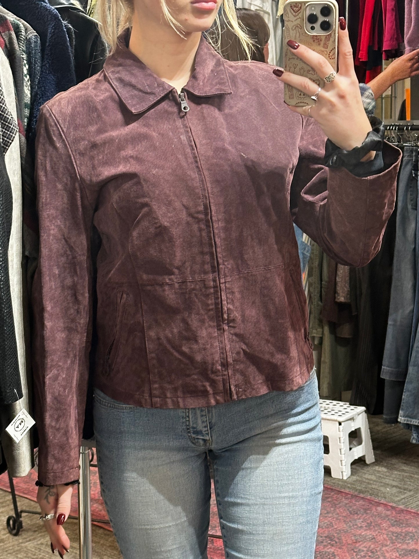 M - Plum Genuine Leather Suede Collared Zip Jacket