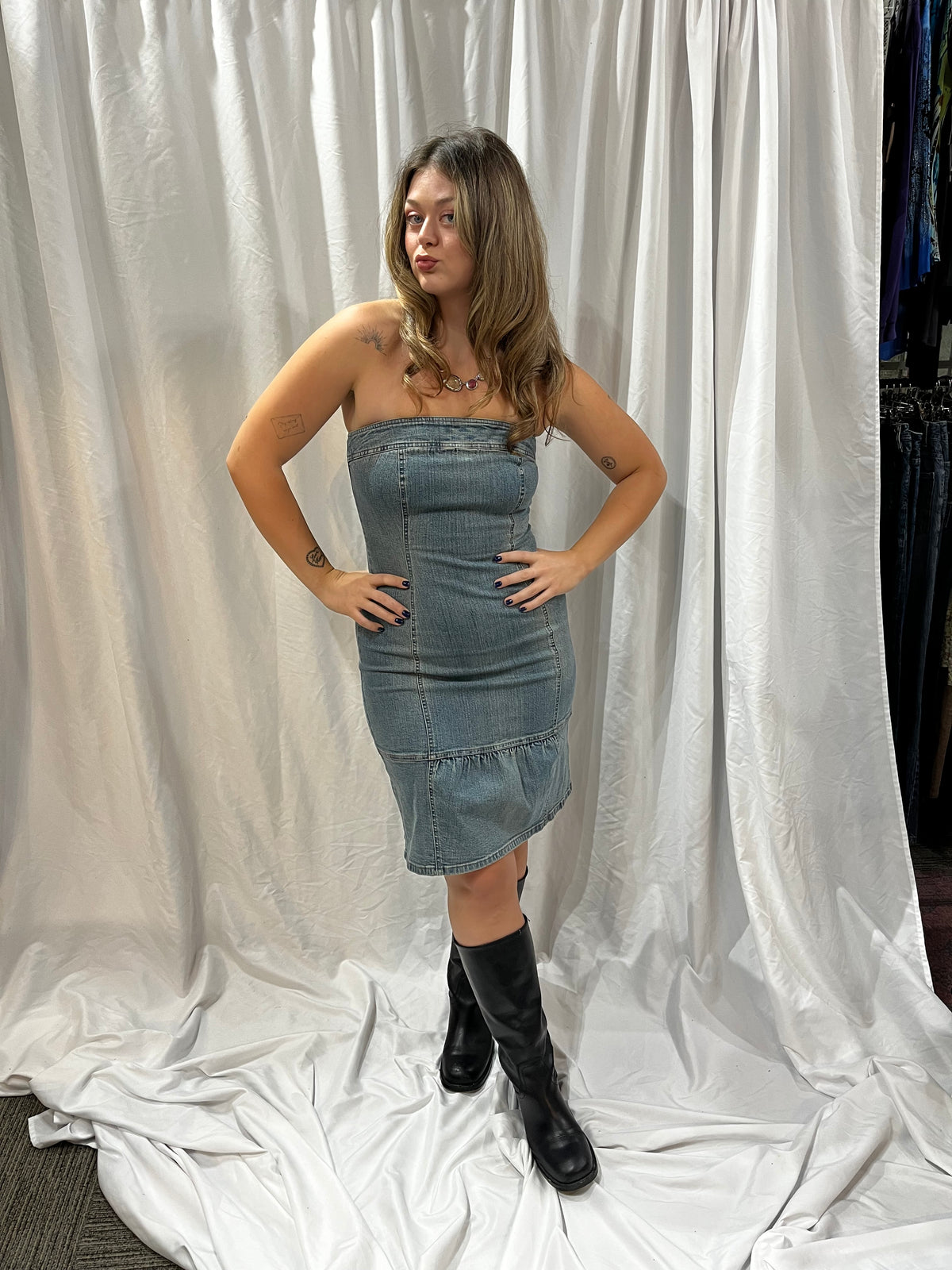 S - RW & Co. Denim Strapless Mini Dress