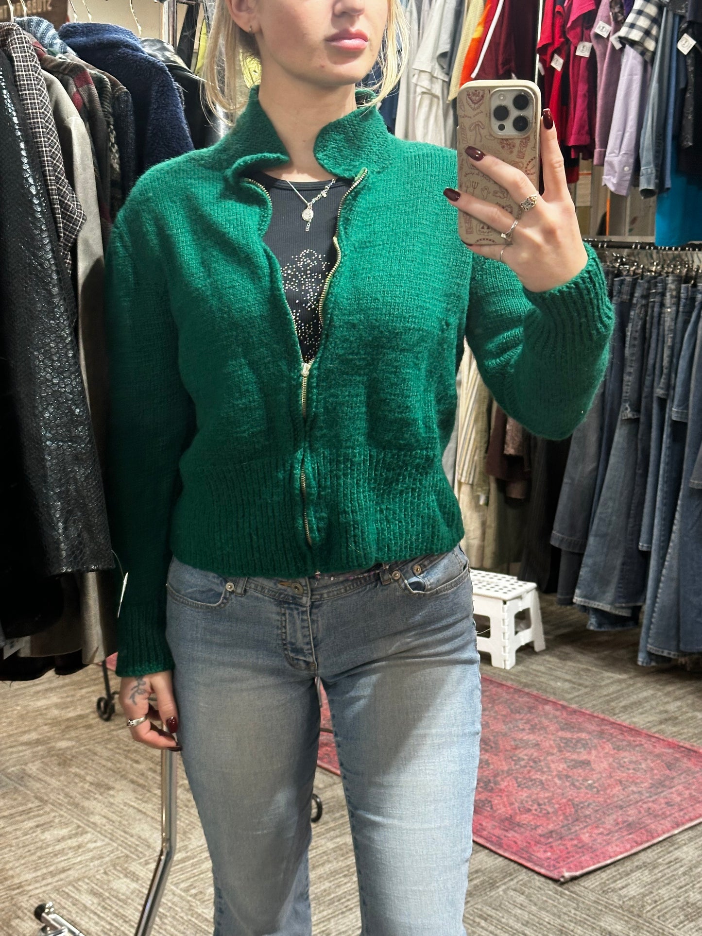 M - Green Wool Knit Zip Sweater
