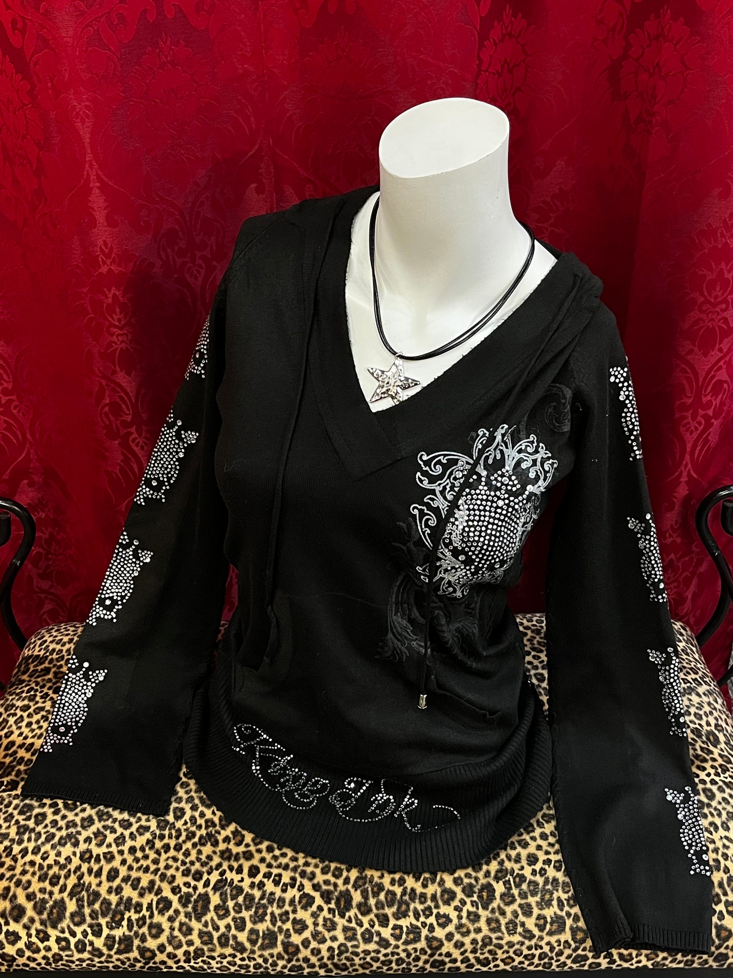 M - 2000s King Ink Rhinestone All-Over Knit Hoodie Top