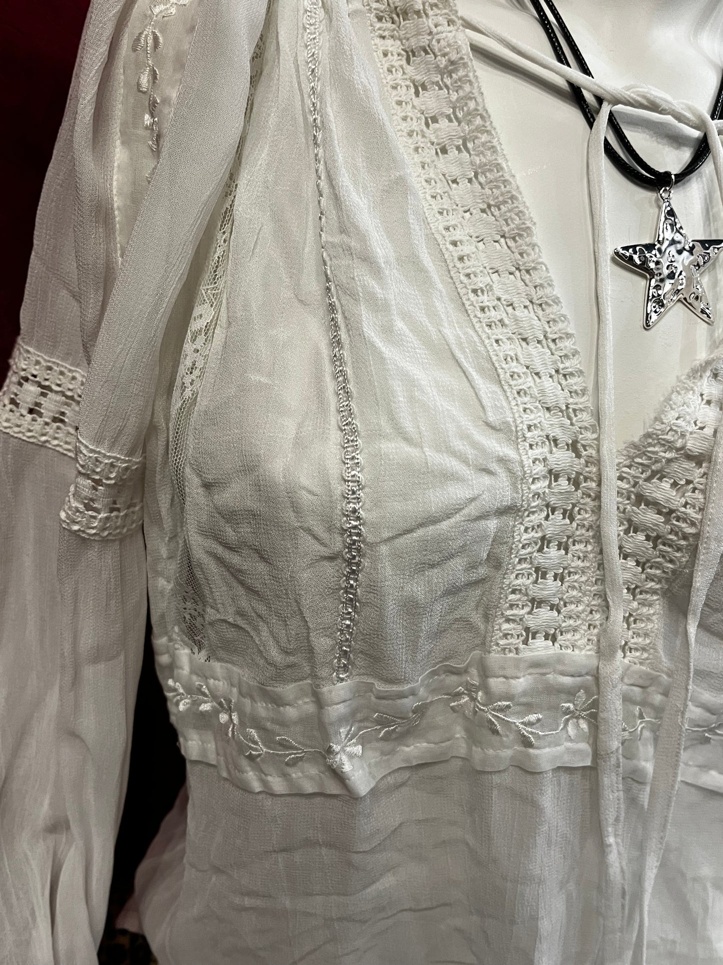 L - D'Annah White Sheer Peasant Blouse