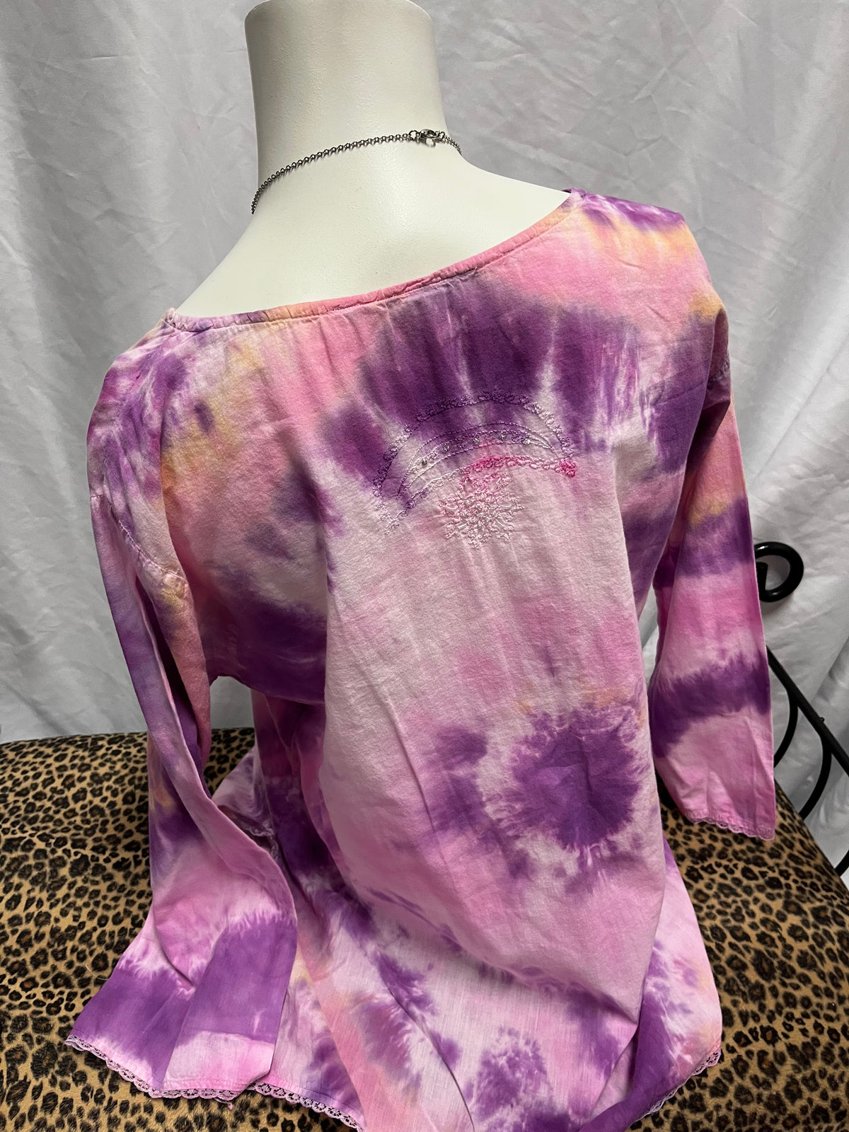 M - Pink + Purple Beaded Tie Dye Blouse