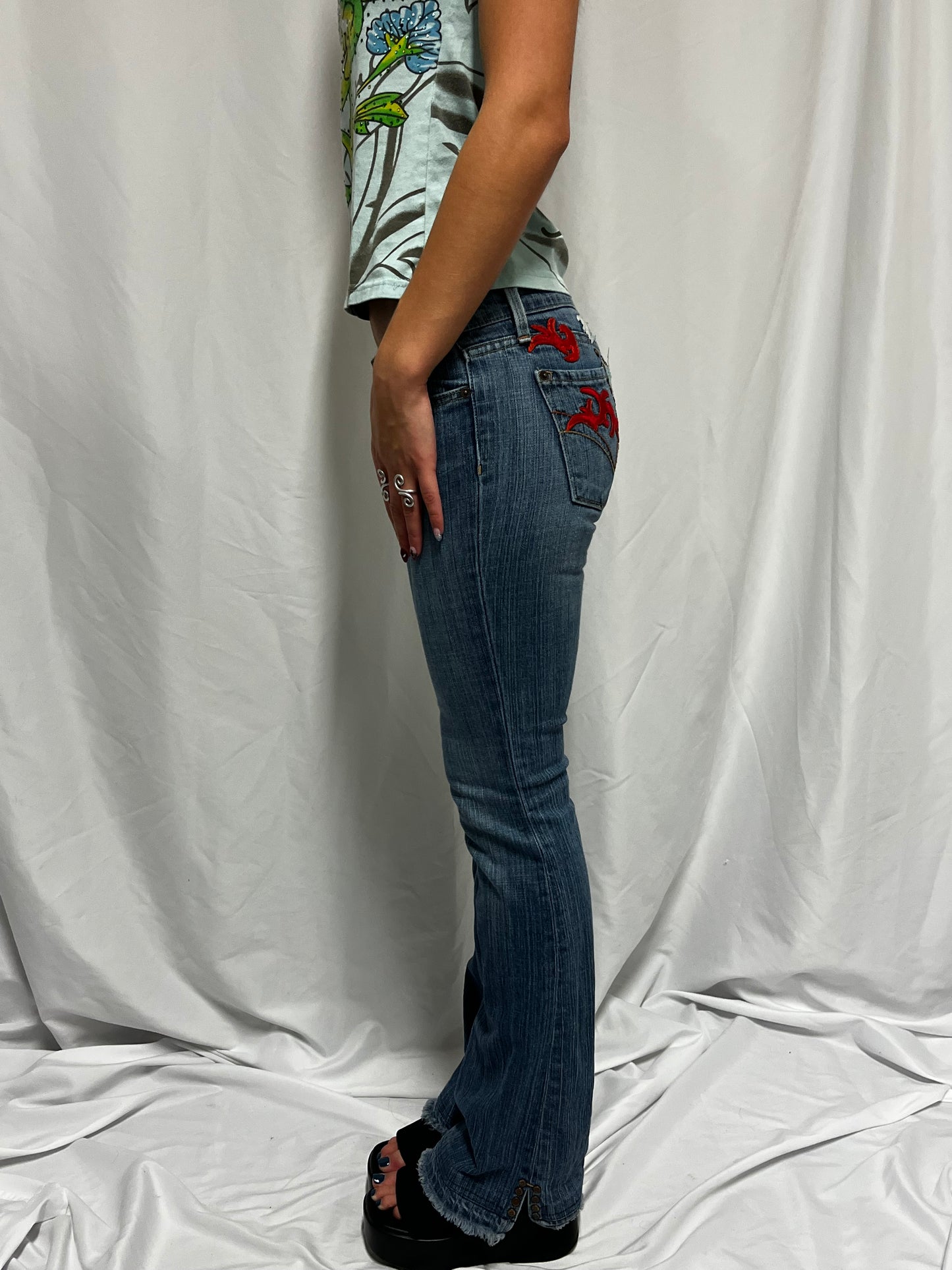 26” - People For Peace Y2K Embroidered Butterfly Low-Rise Jeans