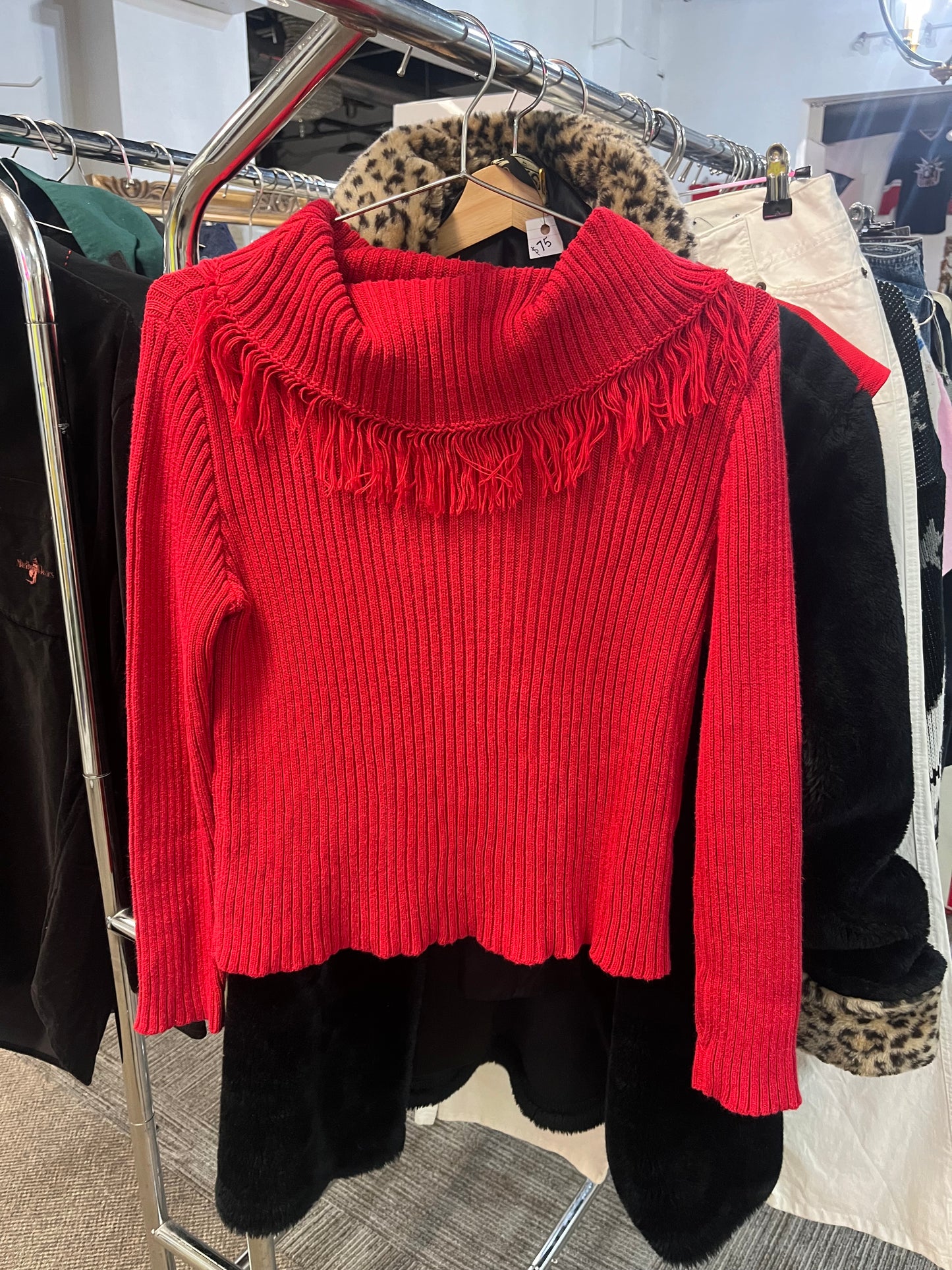 Twirl 90s Frayed Collar Red Knit Sweater