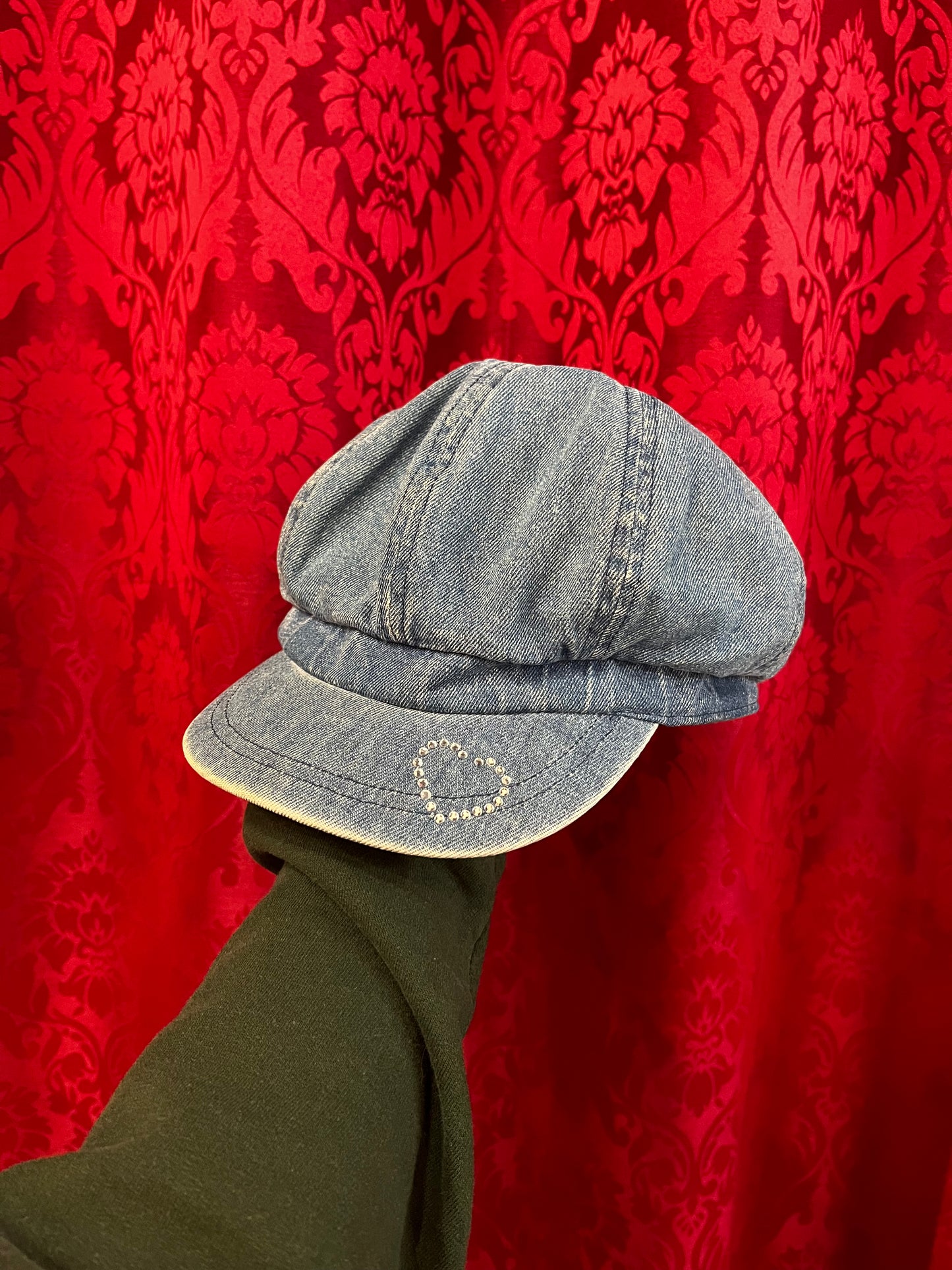 Hat - Y2K Denim Paperboy with Rhinestone Heart
