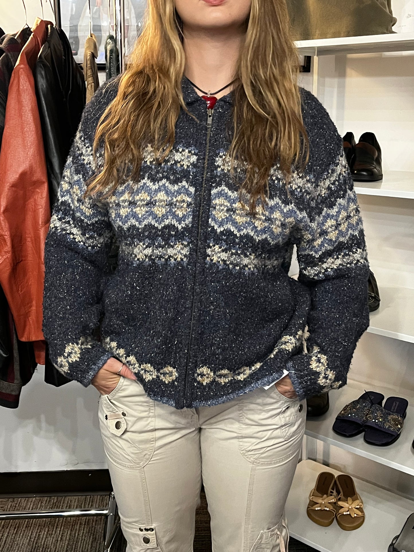 L - Cleo 2000s Patterned Knit Zip Sweater