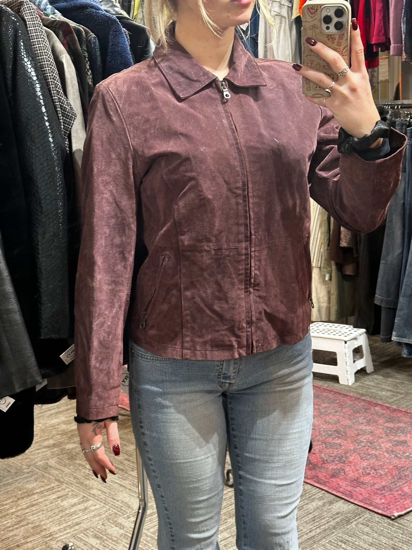 M - Plum Genuine Leather Suede Collared Zip Jacket