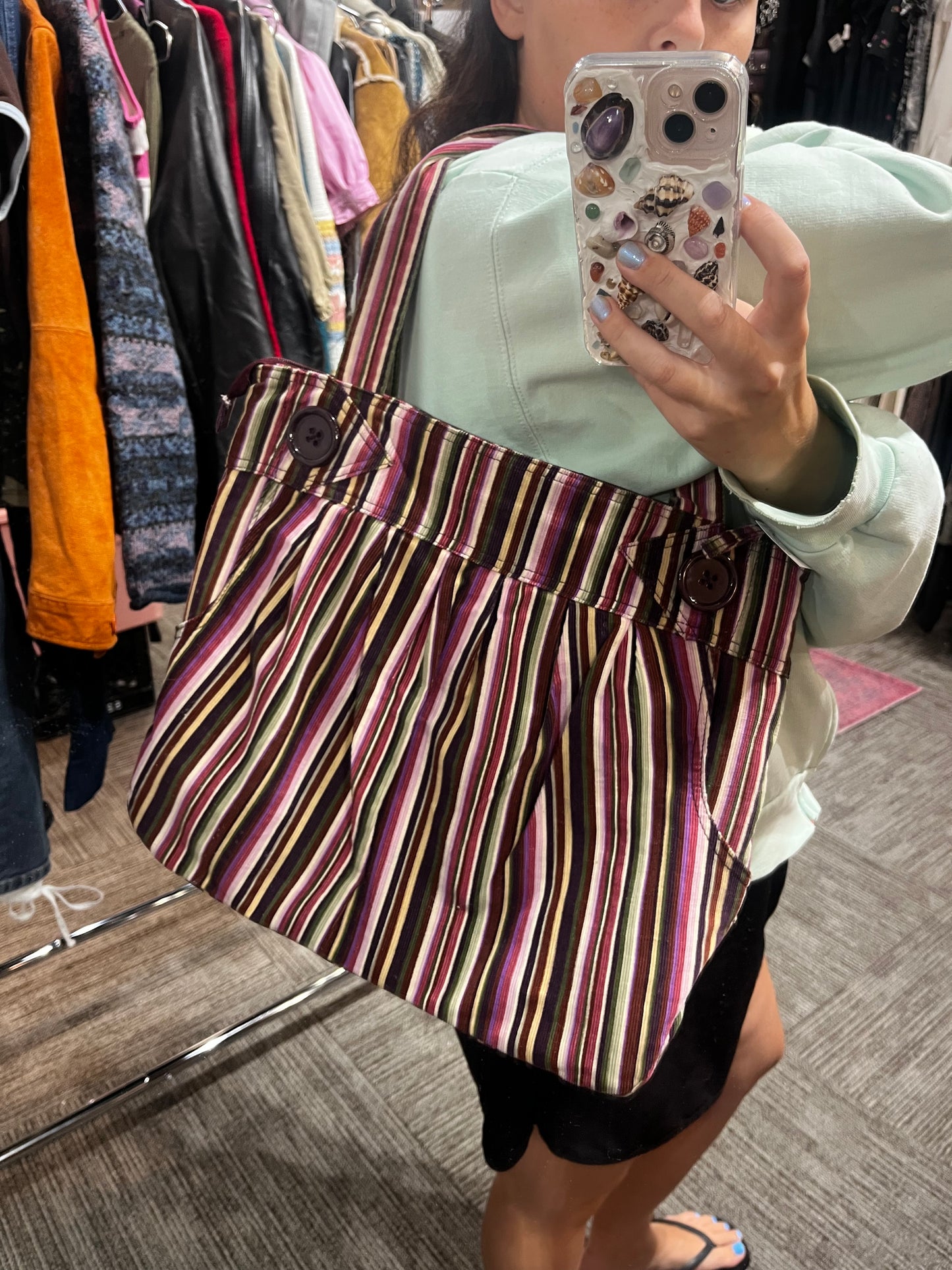 Purse - 2000s Corduroy Striped Button Detail Tote