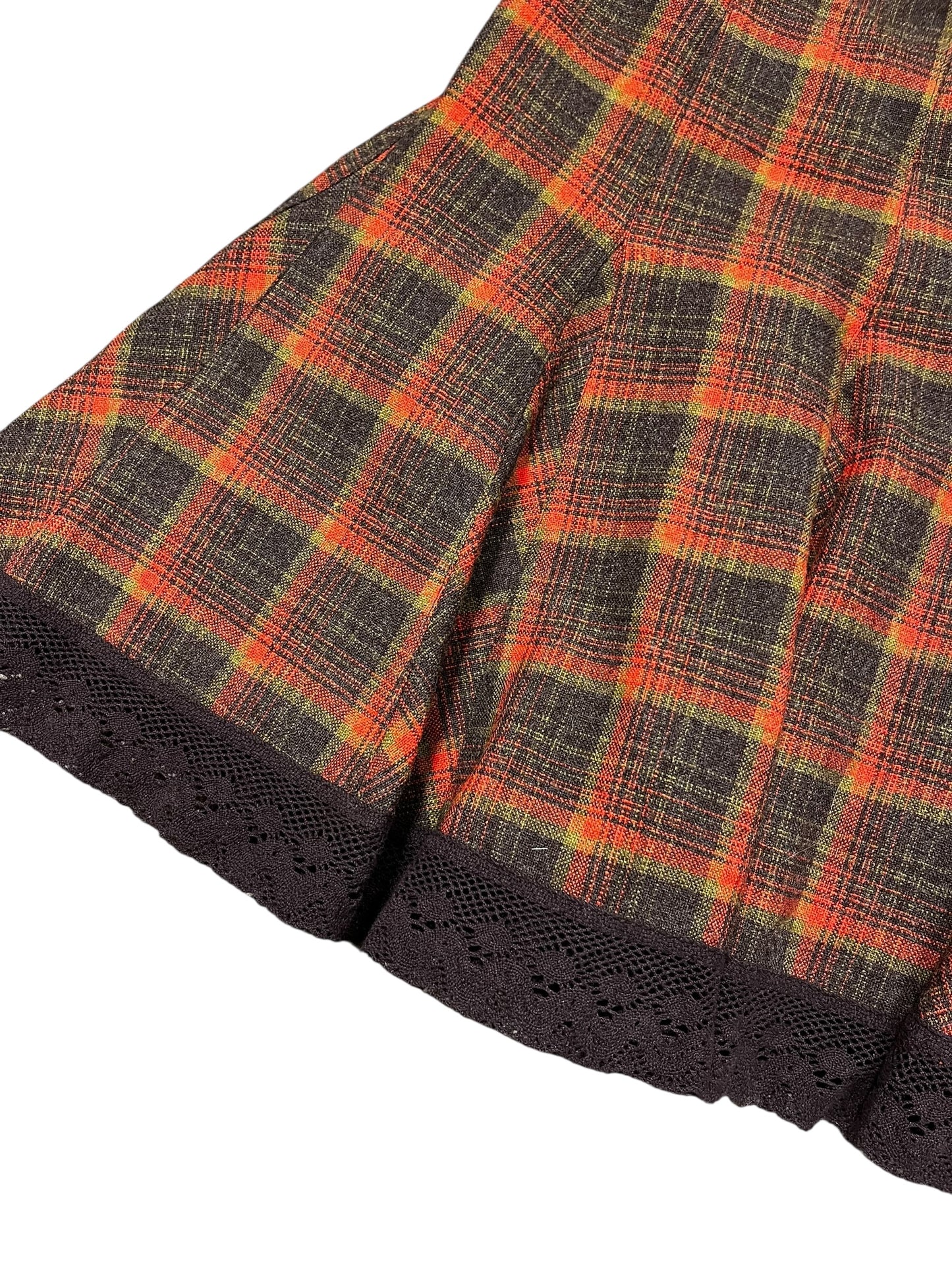XS - Plaid + Lace Trim Wool Midi Skirt