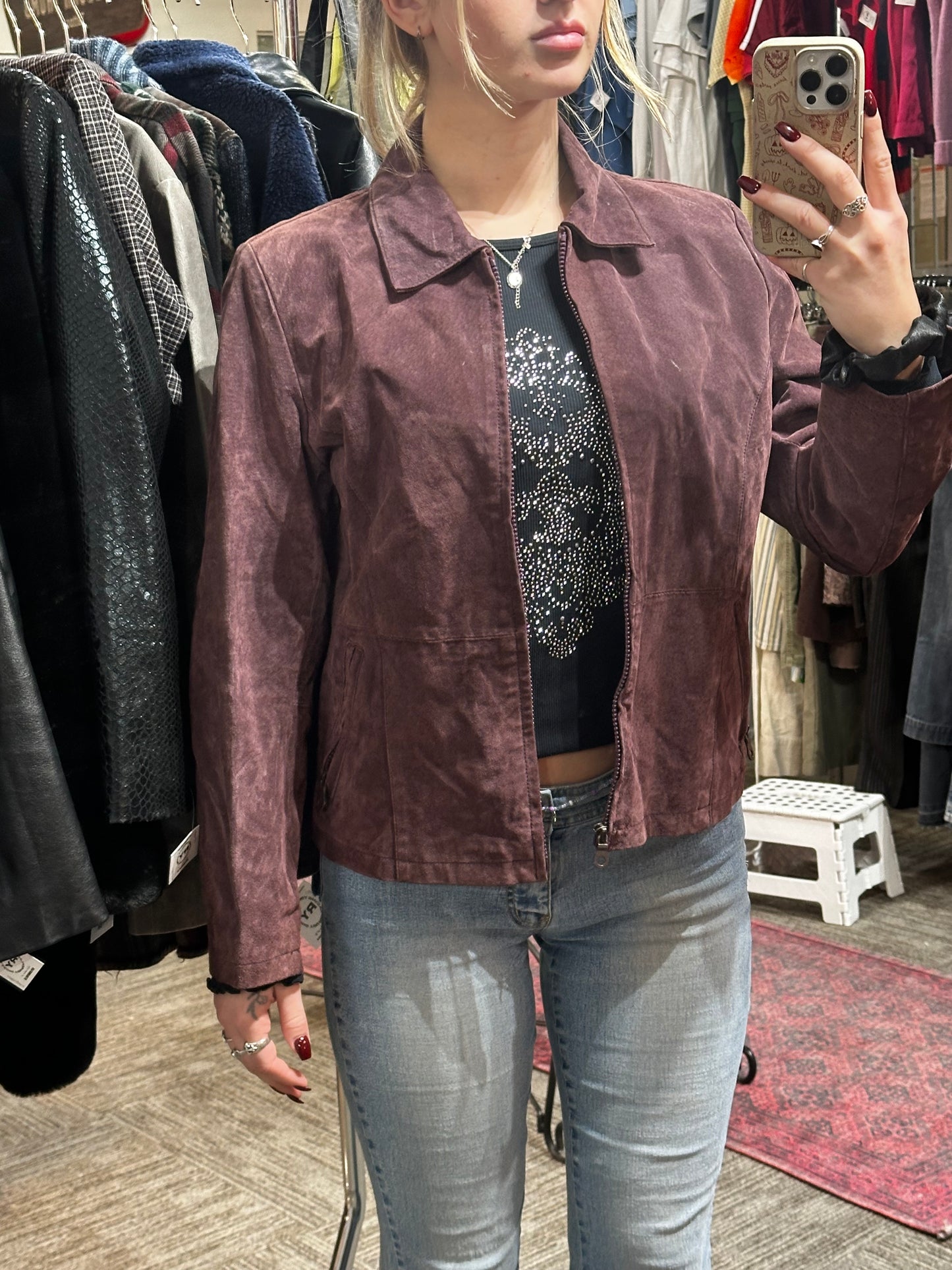 M - Plum Genuine Leather Suede Collared Zip Jacket