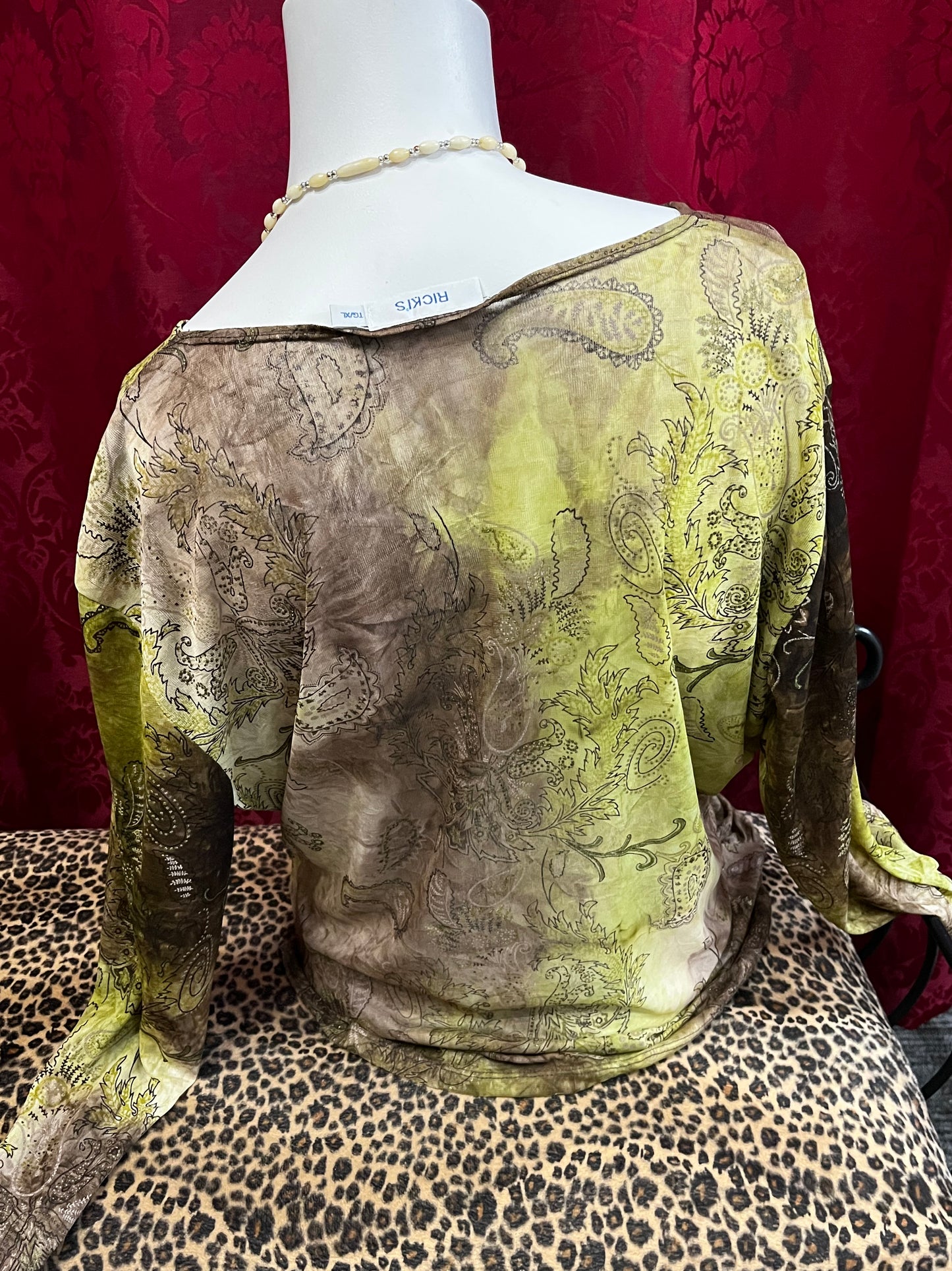 XL - Green Paisley Mesh Overlay Top