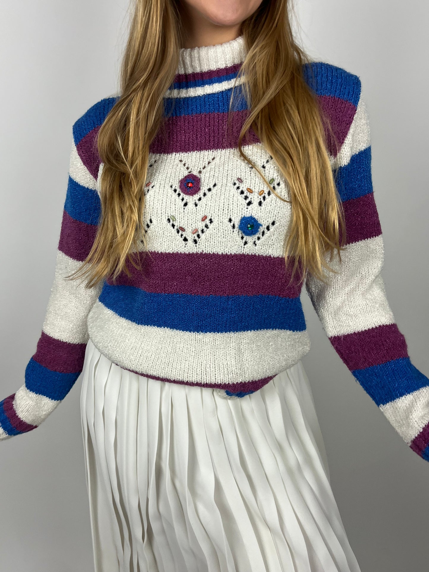 Fylfot Funky Striped Beaded Turtleneck Sweater
