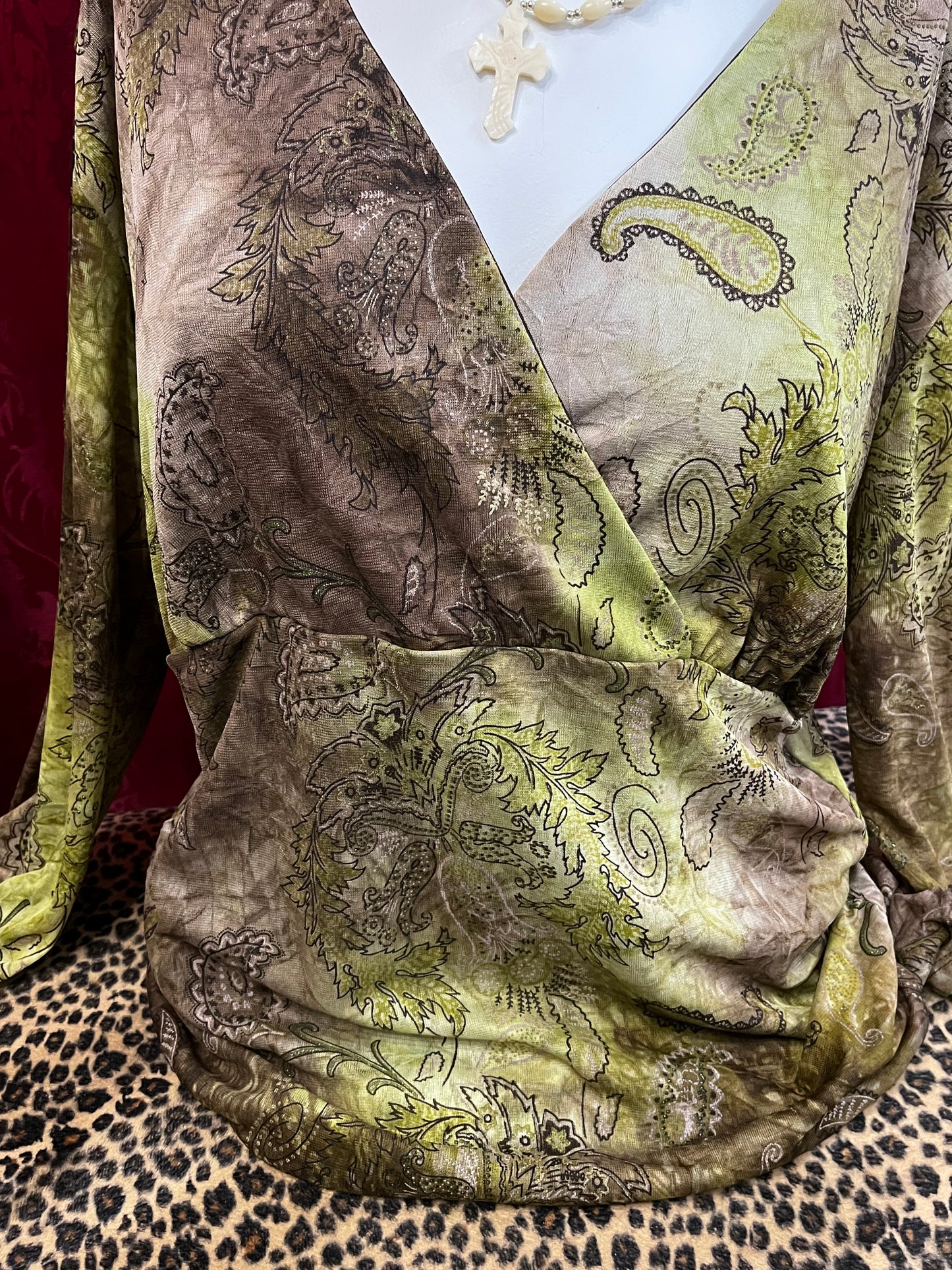 XL - Green Paisley Mesh Overlay Top
