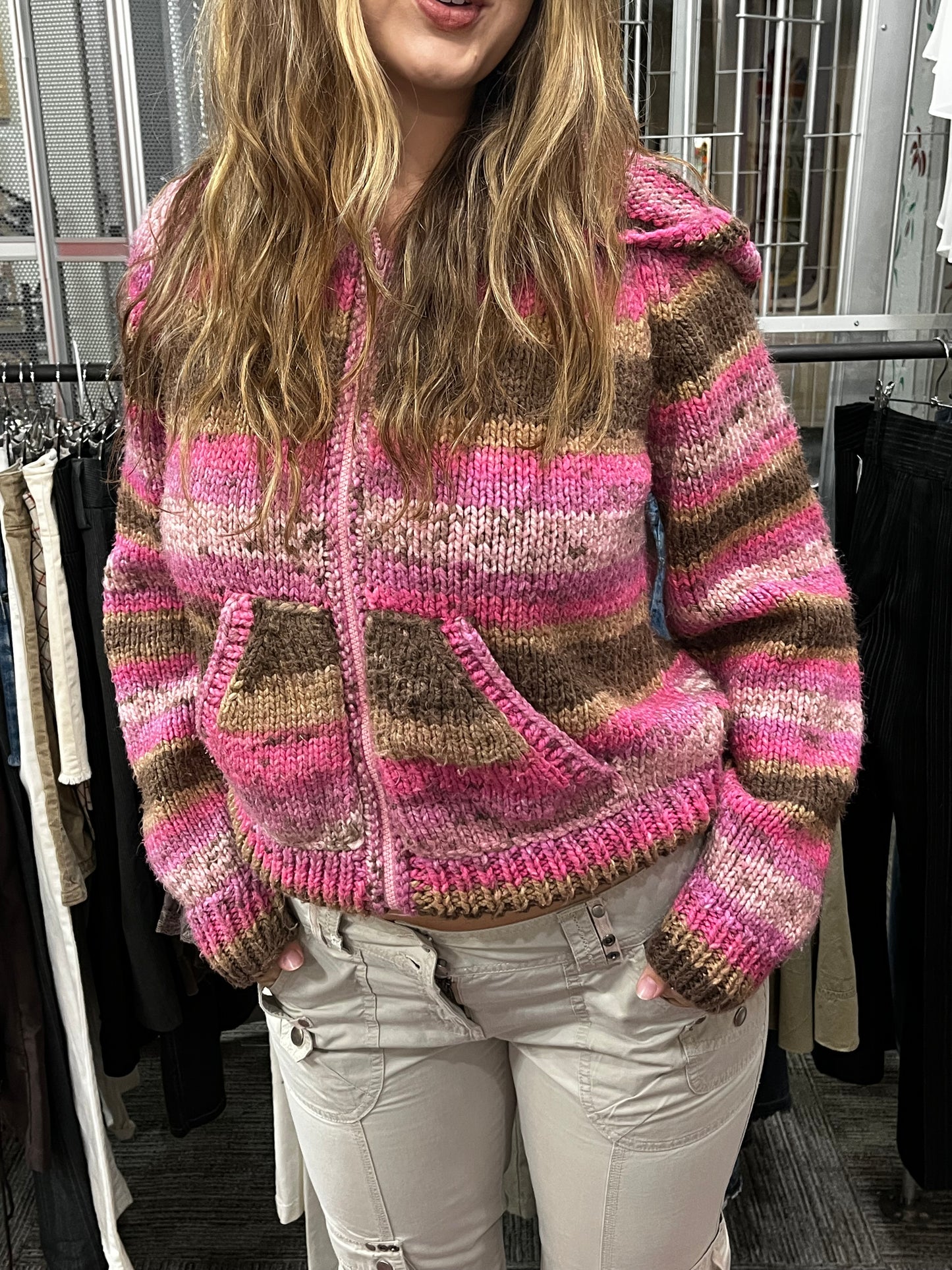 M/L - Pink Knit Zip Up Slouchy Hoodie