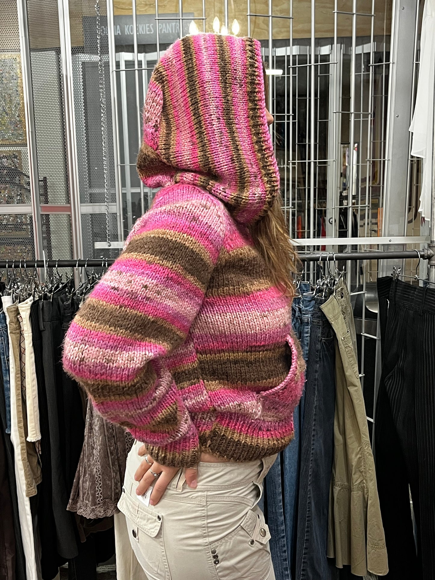 M/L - Pink Knit Zip Up Slouchy Hoodie