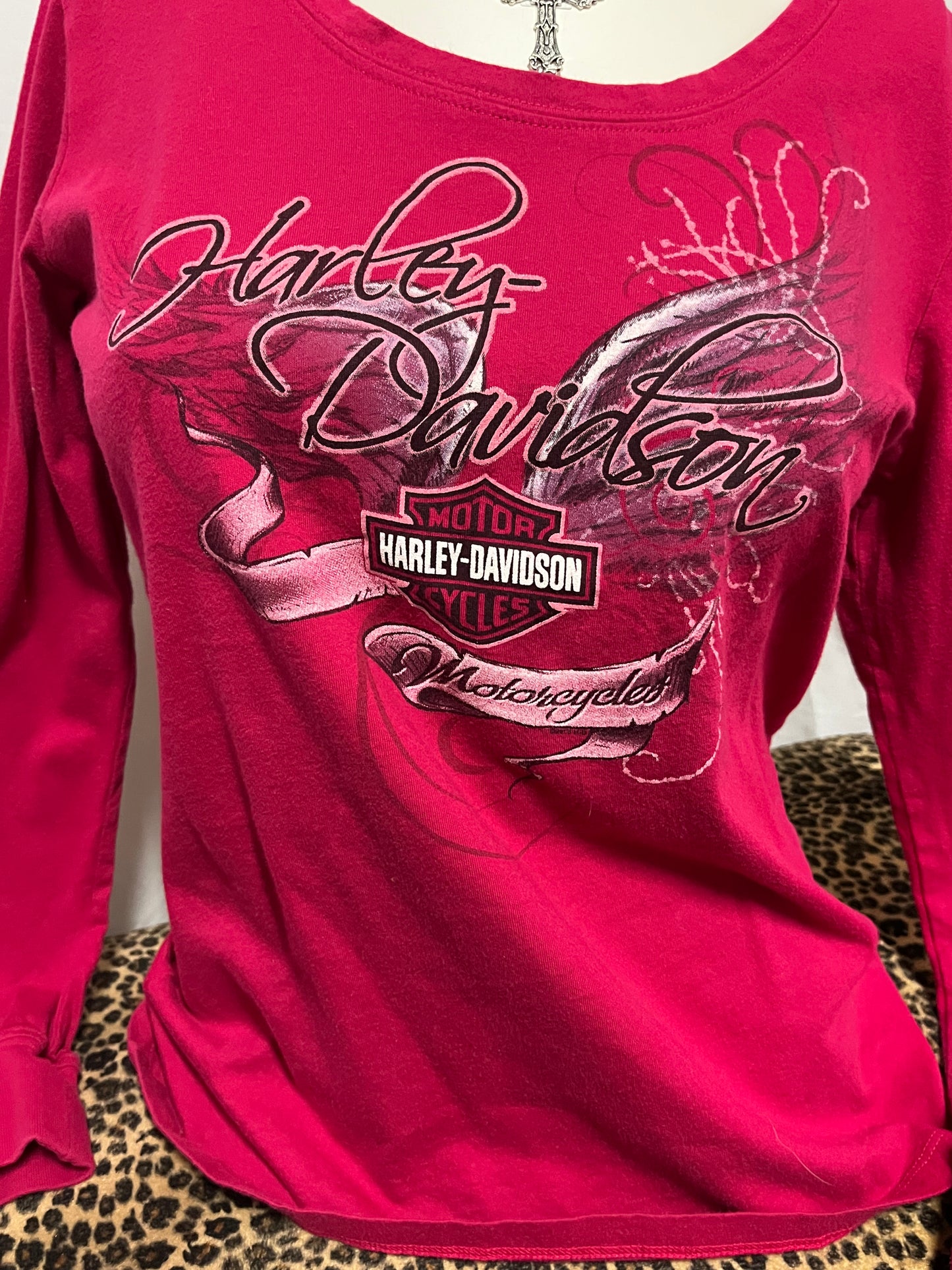 L - Harley Davidson Pink Long Sleeve Graphic Top