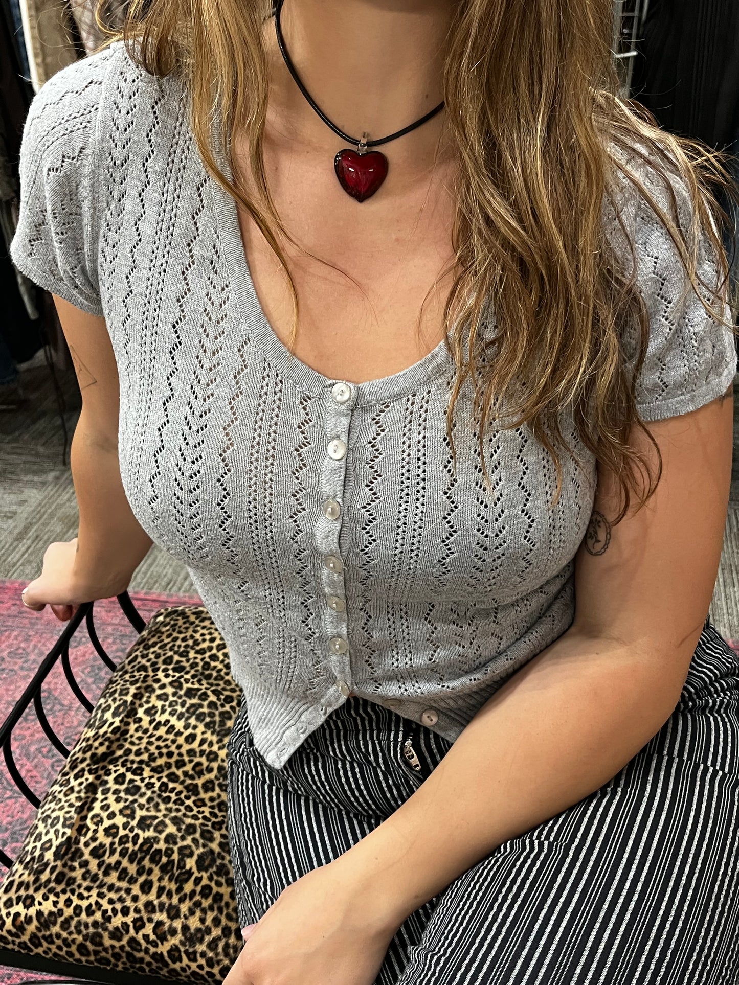 M - Grey Textured Cardigan Short Sleeve Top
