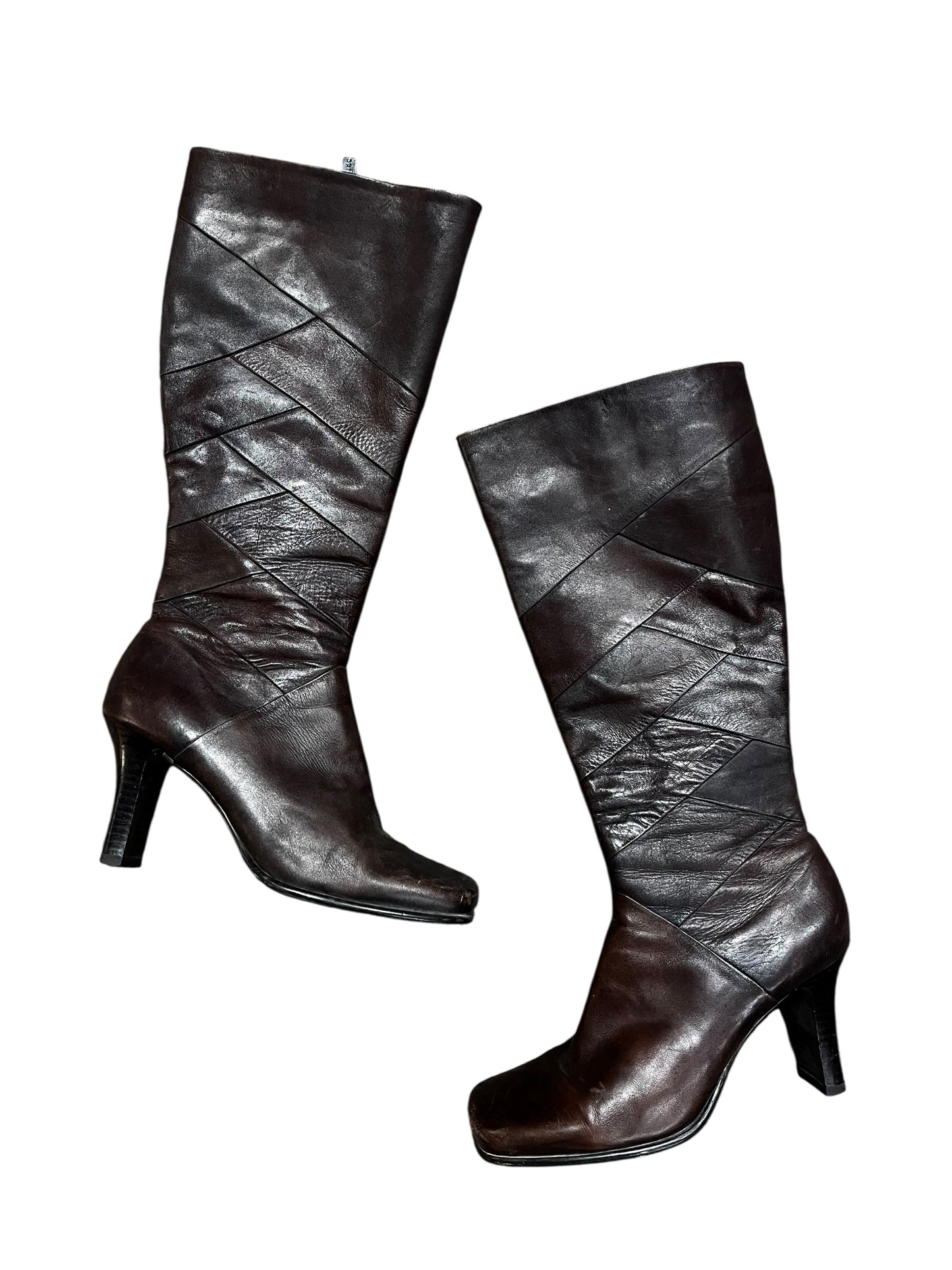 SZ 7.5 - 2000s Brown Leather Patchwork Heeled Boot