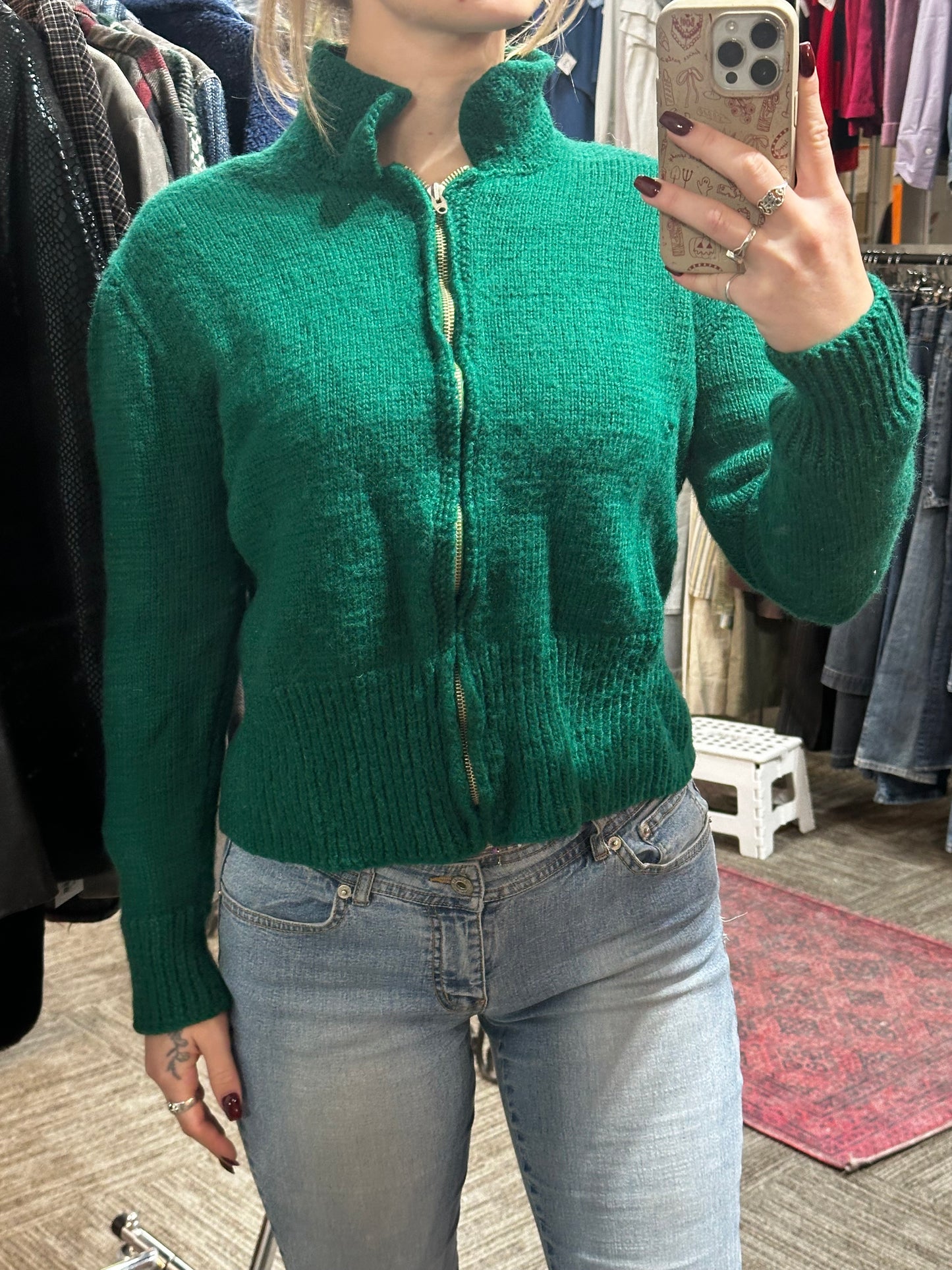 M - Green Wool Knit Zip Sweater