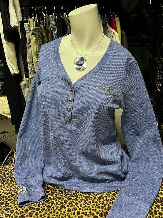L - Harley Davidson Blue Waffle 1/4 Button Top