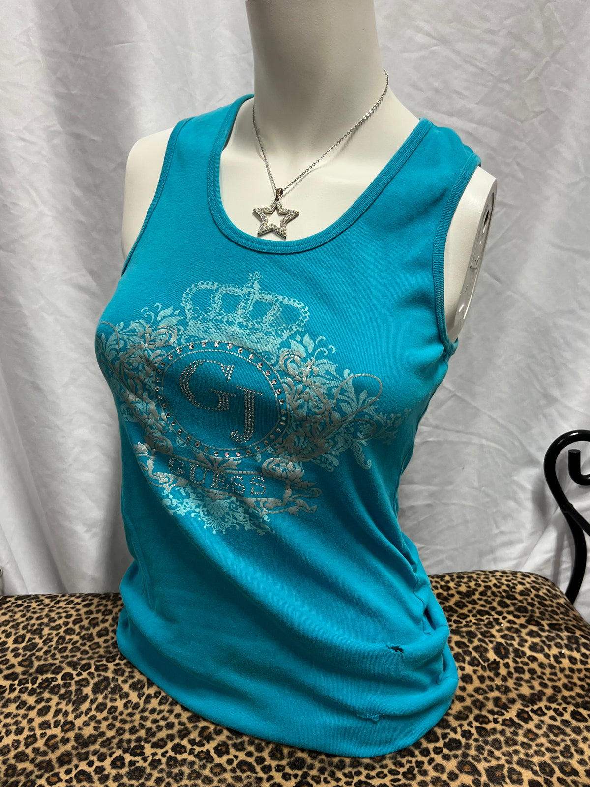 L - Guess Jeans Y2K Rhinestone Blue Tank Top