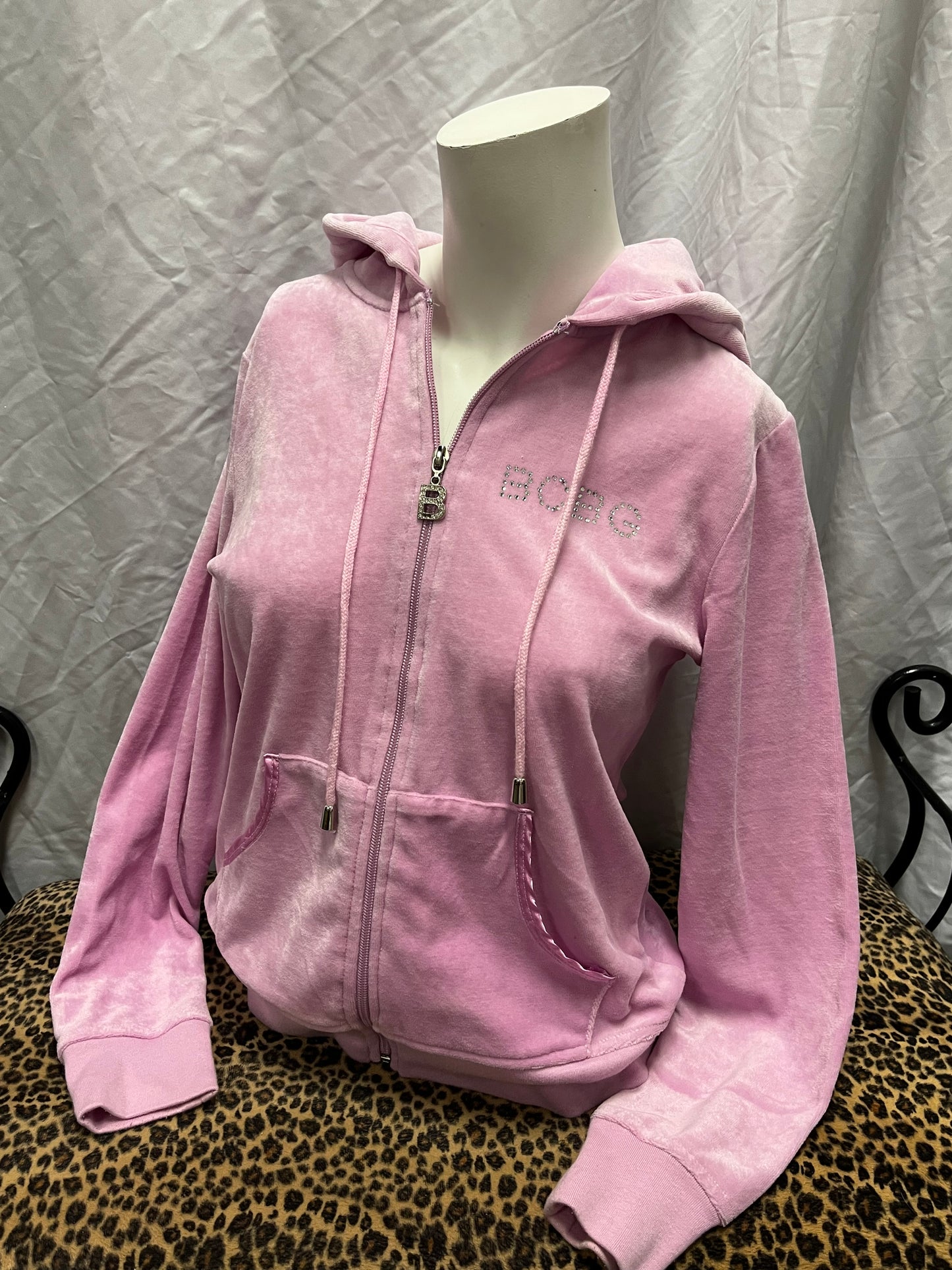 M - BCBG Y2K Pink Velour Rhinestone Zip Hoodie