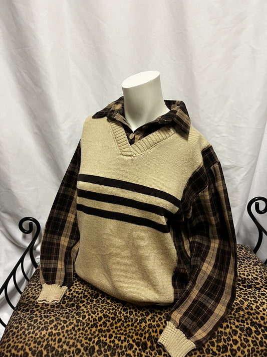 M - Plaid + Knit Vest Collared Sweater