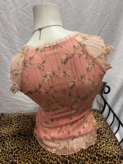 S - Suzy Y2K Lace Floral Overlay Pink Top