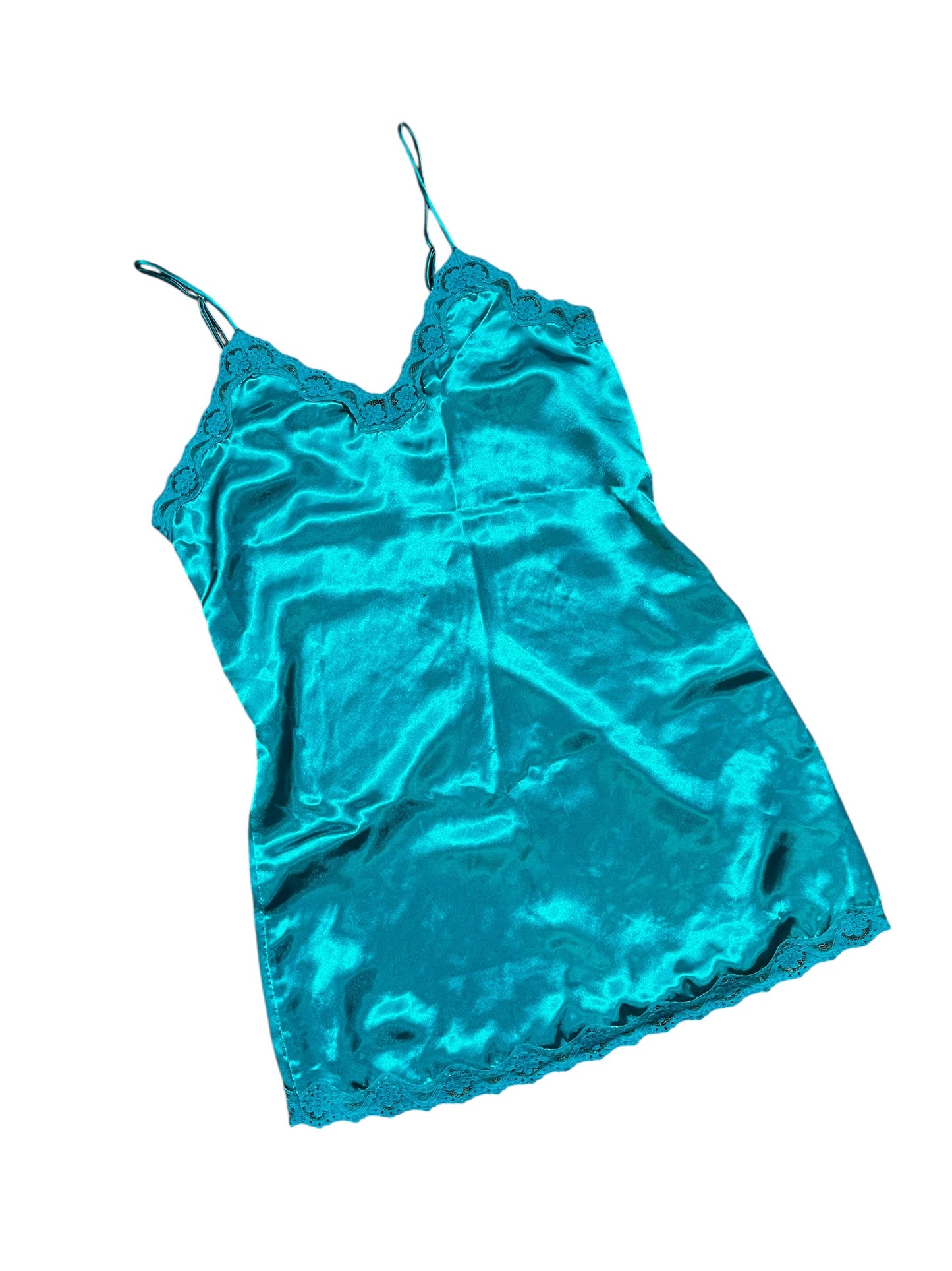 M - Potpourri 90s Teal Lace Trim Slip Dress
