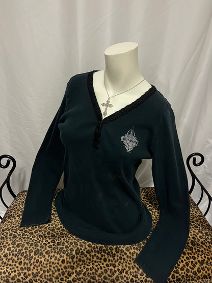 L - Harley Davidson Ribbed Lace Trim Long Sleeve