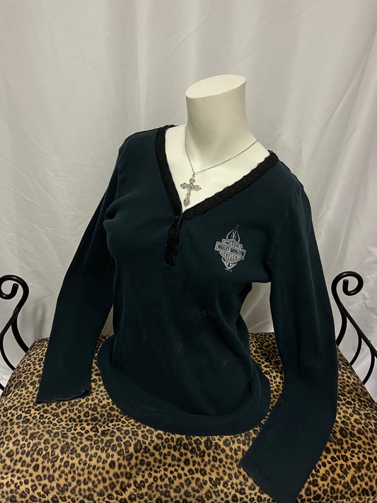 L - Harley Davidson Ribbed Lace Trim Long Sleeve