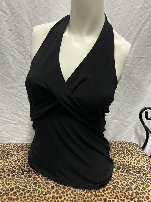 S - Charlotte Russe Y2K Black Halter Tie-Back Top