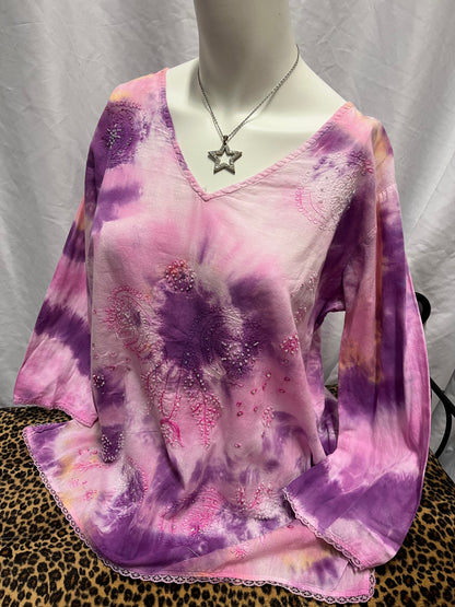 M - Pink + Purple Beaded Tie Dye Blouse