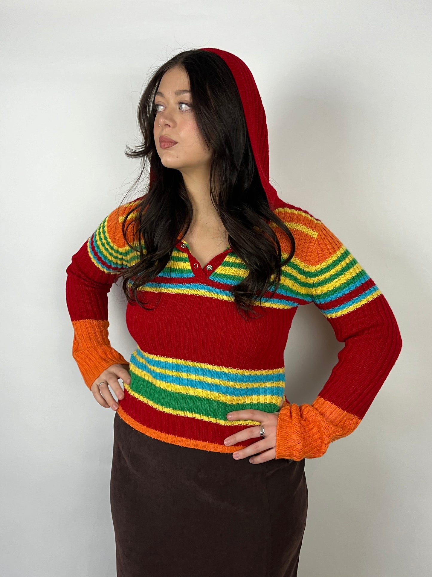 Y2K Rainbow Knit Hooded Sweater