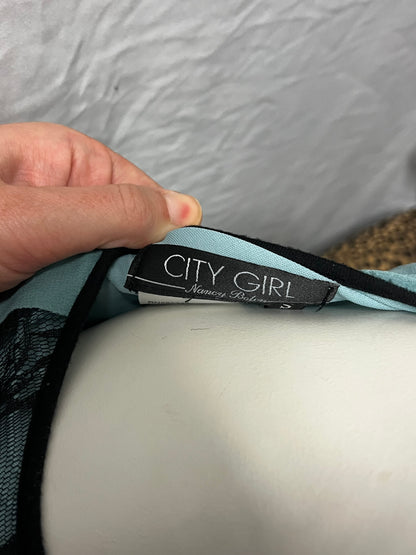 S - City Girl Y2K Blue + Black Belle Sleeve Blouse
