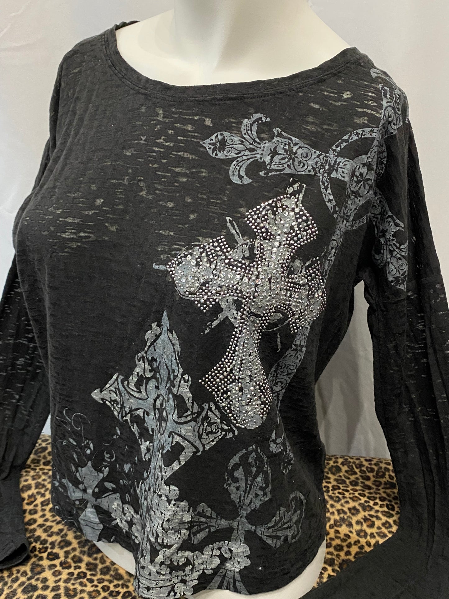 S - Rhinestone Cross Graphic Long Sleeve Top