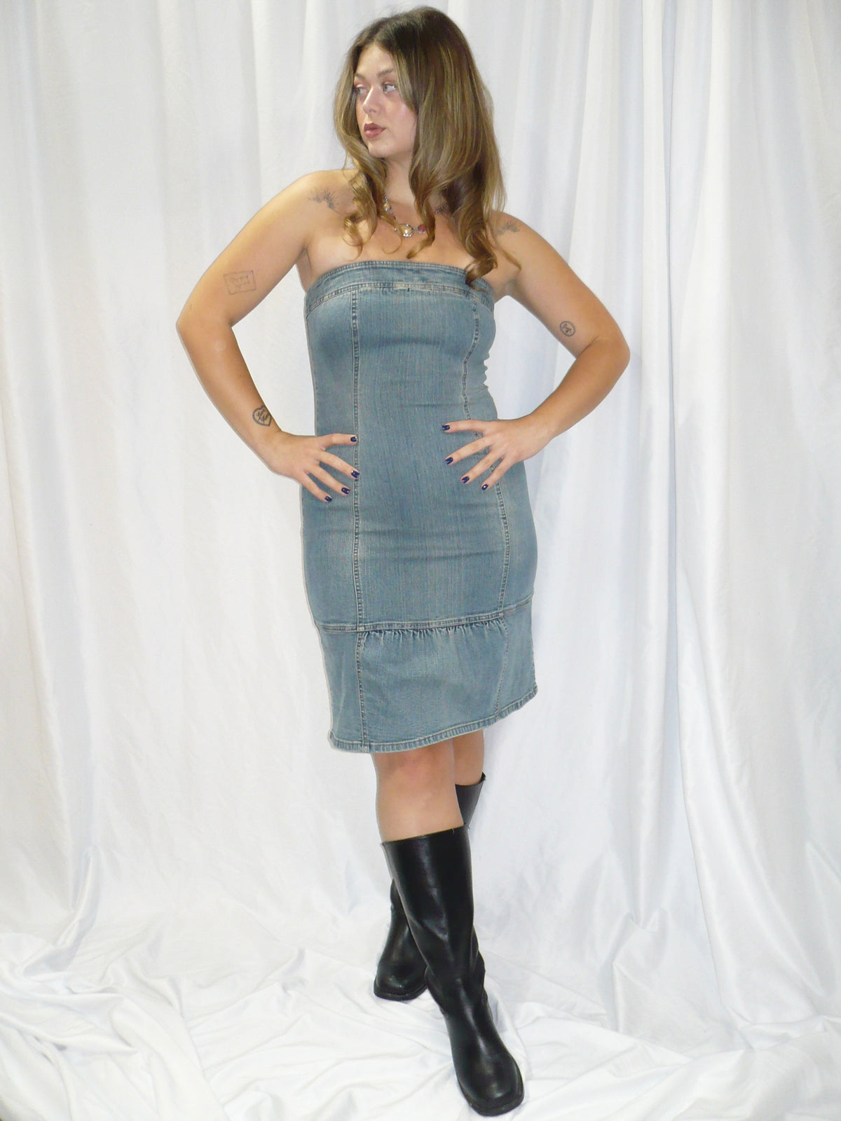 S - RW & Co. Denim Strapless Mini Dress