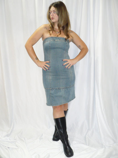 S - RW & Co. Denim Strapless Mini Dress