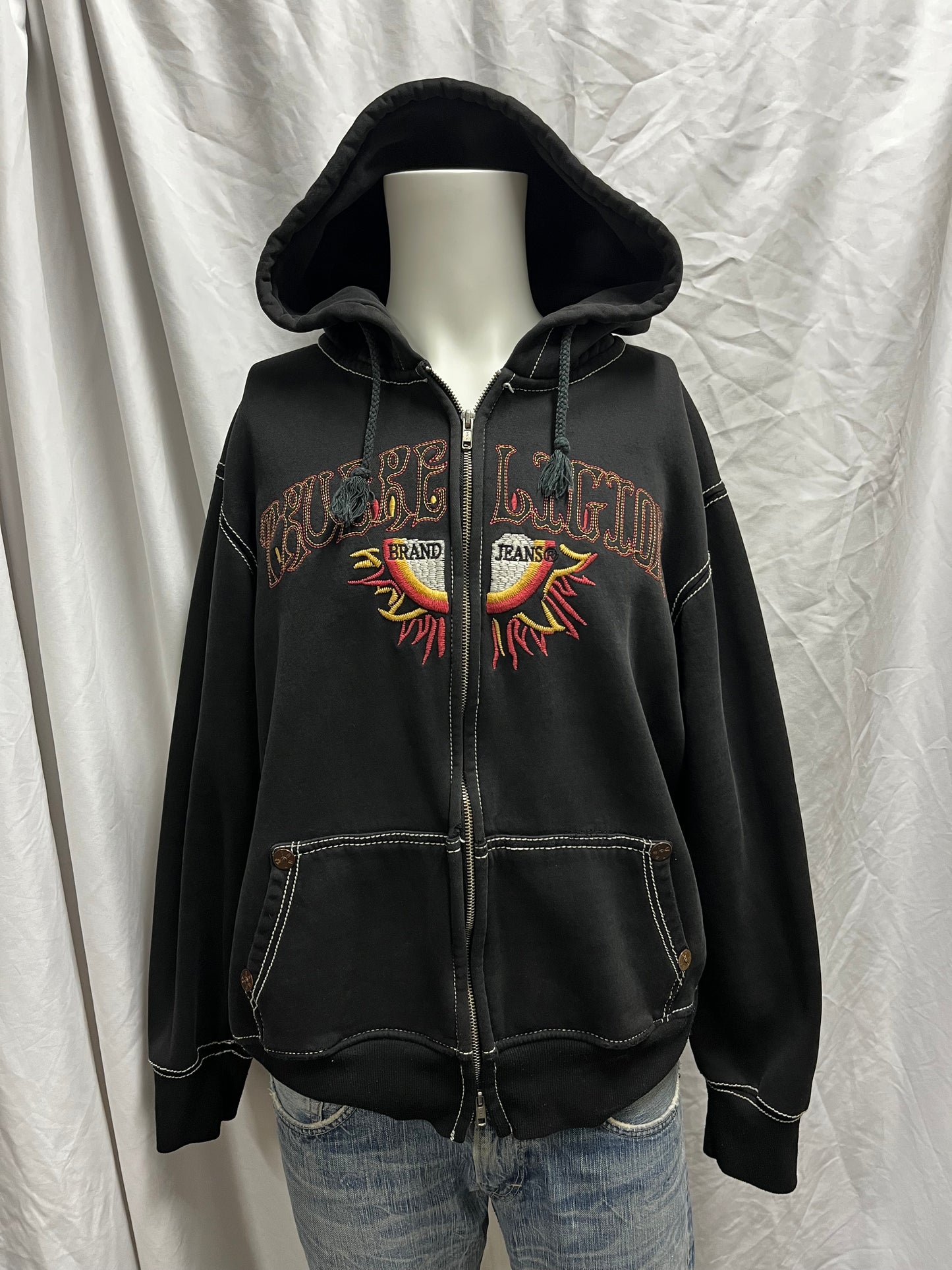 XL - True Religion Y2K Embroidered Spellout Zip Hoodie