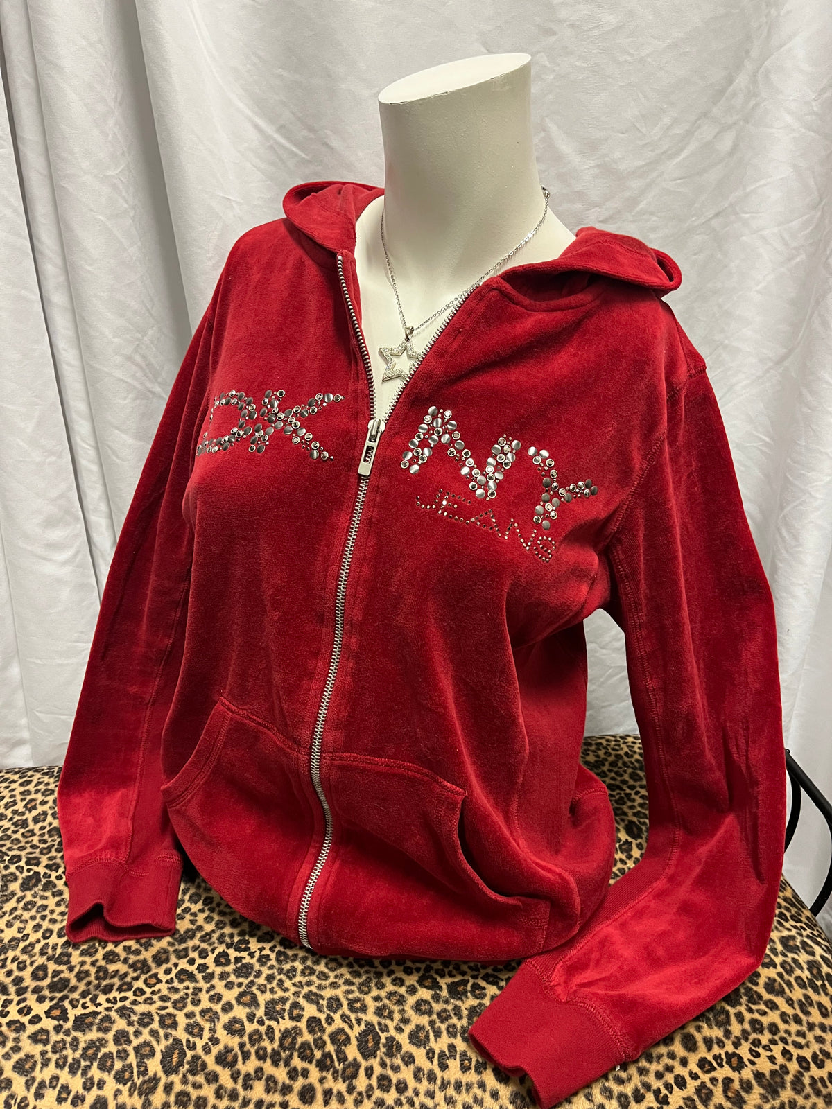 M/L - DKNY 2000S Red Velour Rhinestone Zip Hoodie
